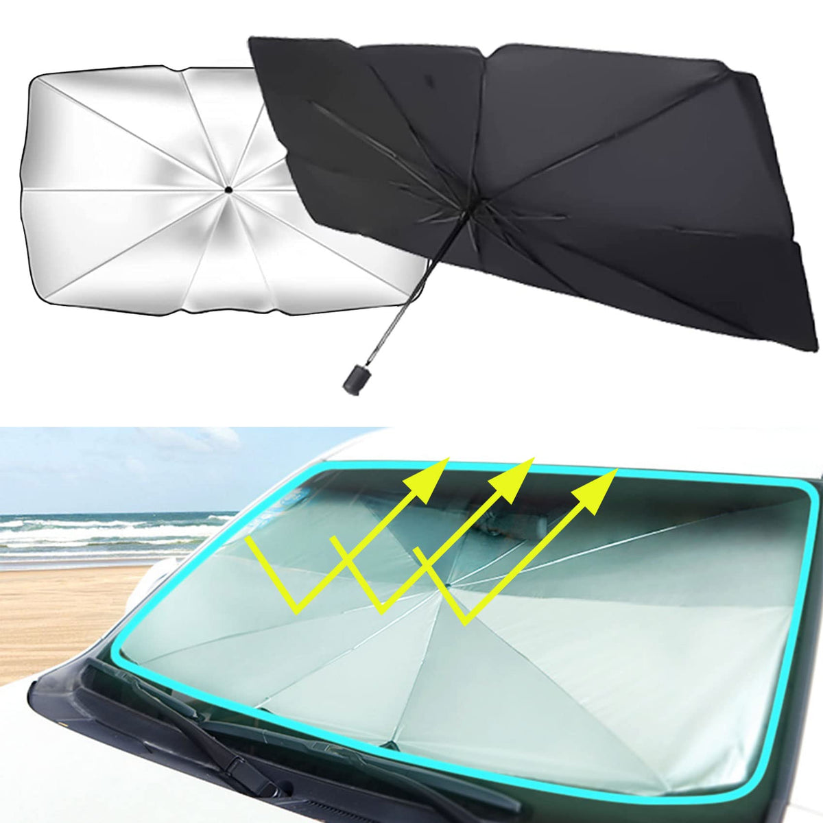 Car Windshield Sunshade Umbrella, Foldable Umbrella Reflective Windshield Sunshade for Car Front Window Blocks, UV Rays and Heat