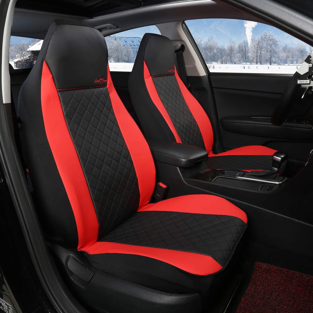 Giant Panda Front Car Seat Covers, Bucket Seat Covers, Leather High Back Auto Seat Covers For Cars, Trucks, Jeep, Van, Suv, Pickup, Airbag Compatible (Black + Red)
