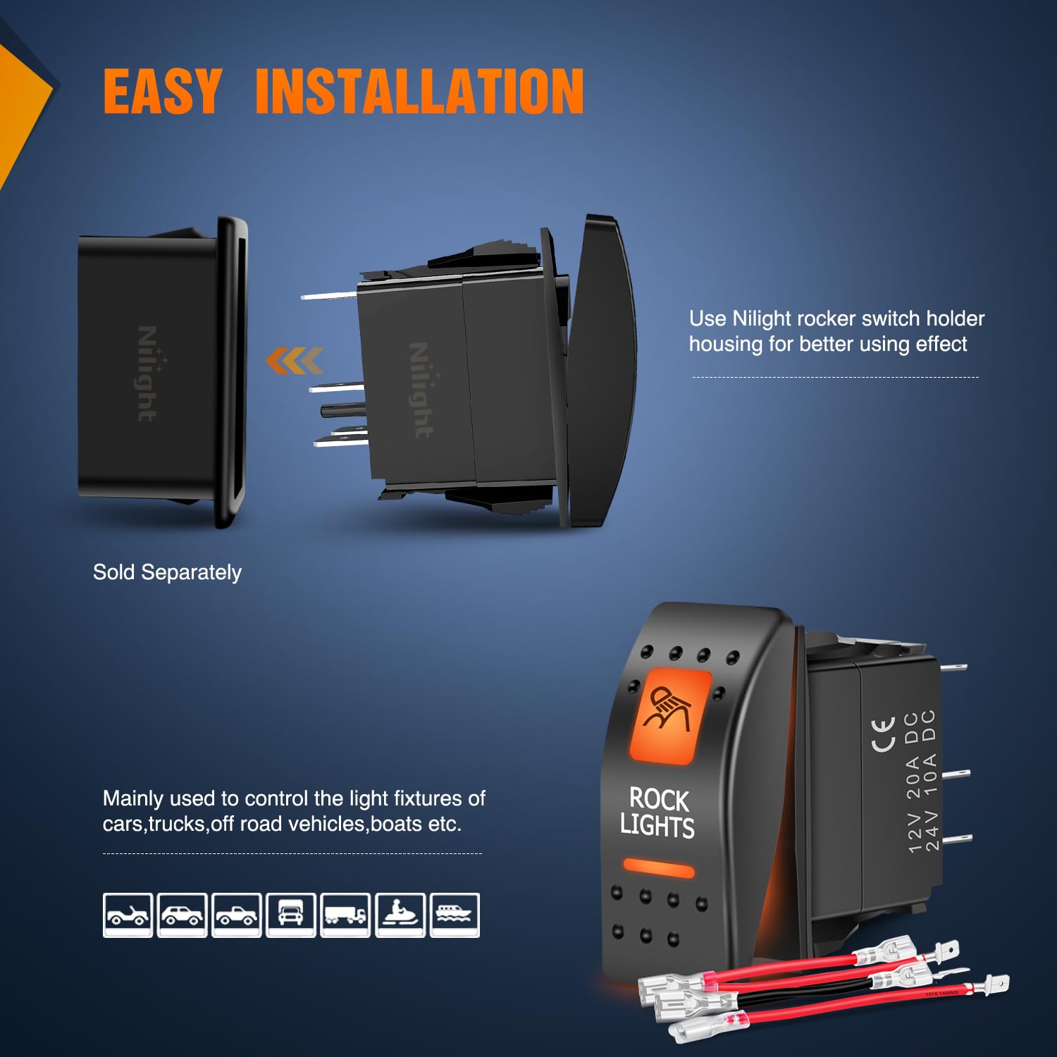 Nilight Utv Rock Lights Rocker Switch On Off 5 Pin Spst Led Light Bar Toggle Switches With Orange Backlit 12V 24V Jumper Wires S