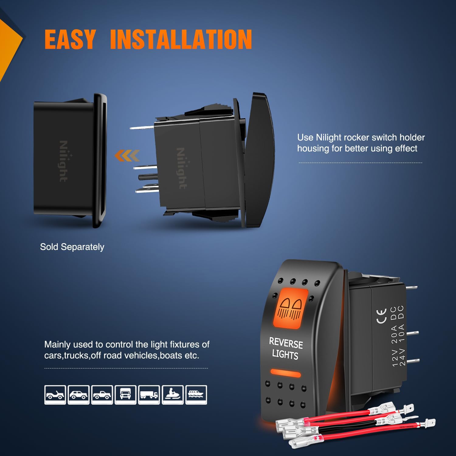 Nilight Utv Reverse Lights Rocker Switch On Off 5 Pin Spst Led Light Bar Switches With Orange Backlit 12V 24V Toggle With Jumper