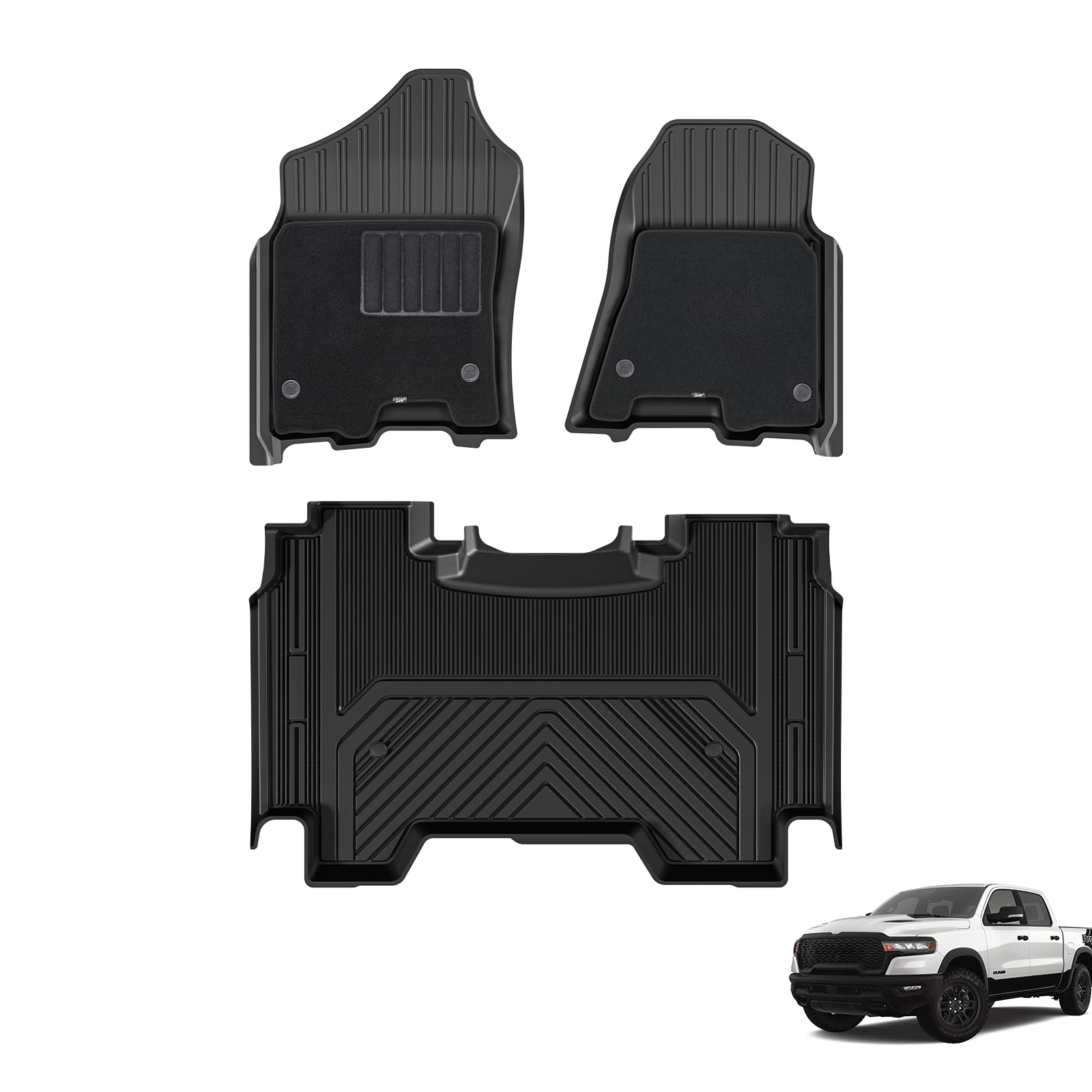 3W Floor Mats & Front Carpet Top For Dodge Ram 1500 2019-2024 (New Body Crew Cab/Without Storage) 1St & 2Nd Row Tpe All Weather