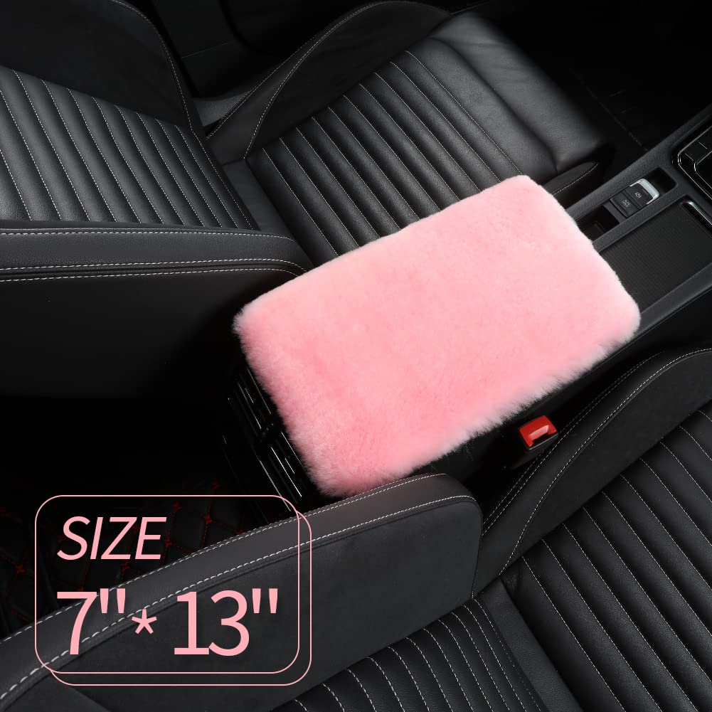 Iriwool Sheepskin Armrest Cover Auto Center Armrest Cover Car Soft Console Pad, Fluffy Wool Auto Center Console Cover For Most Car Arm Rest Decoration Protector 7 X 13 Inch (Shearling, Pink)