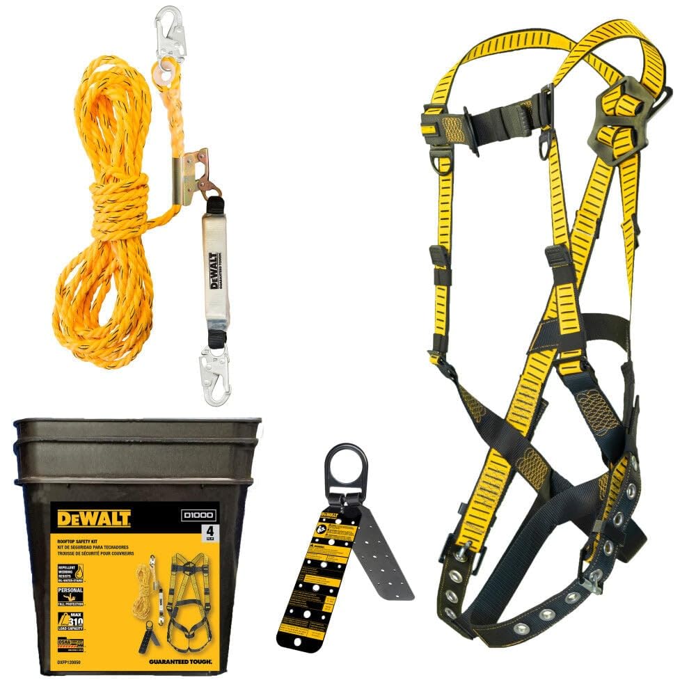 DEWALT Rooftop safety kit with D1000 harness with Pass-Thru Chest and Tongue Buckle Legs, 50' vertical lifeline w/rope adjustor 