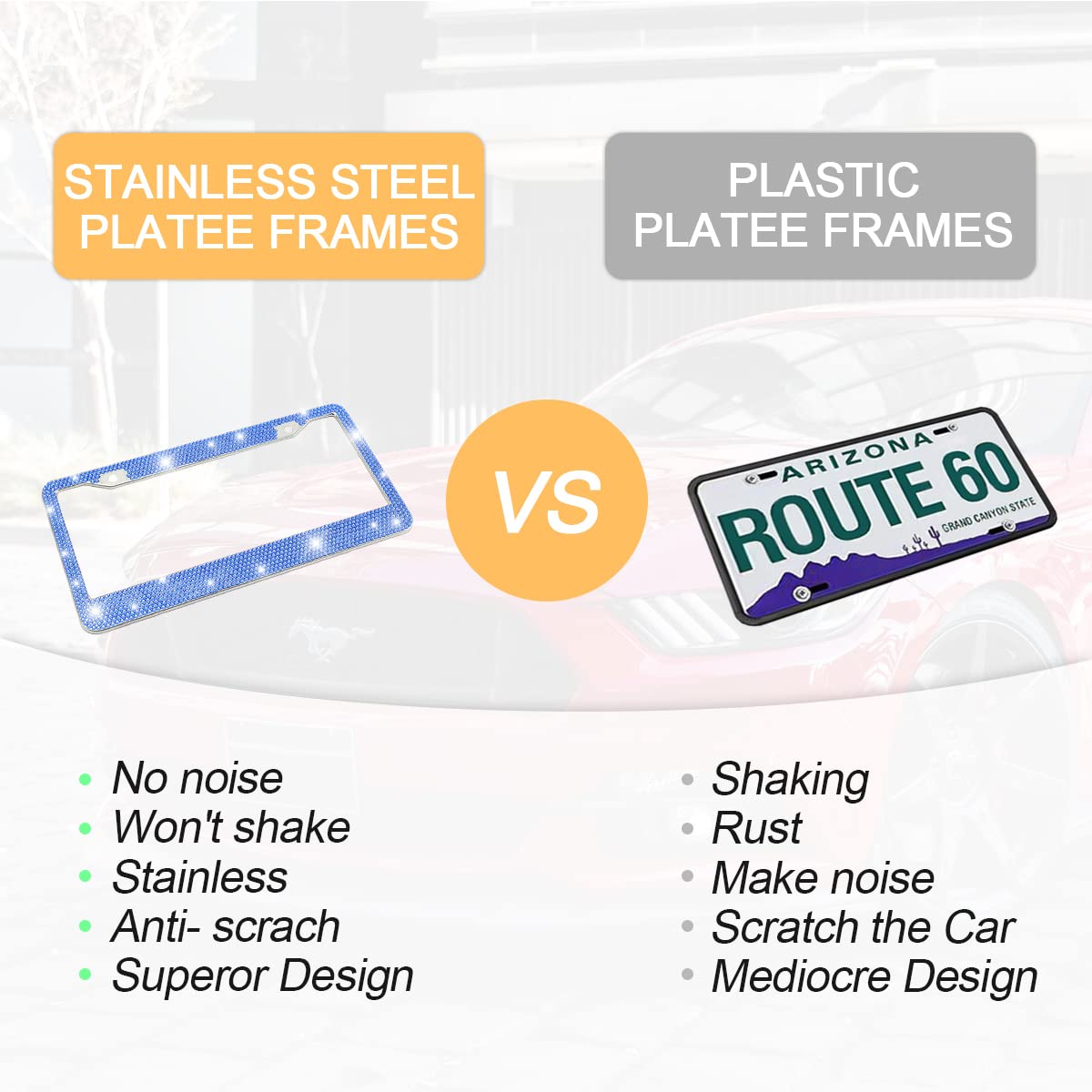 Bling Car License Plate Frame, Sparkly Rhinestone Stainless Steel License Plate Cover/Holder, Universal For Most Cars, Suvs, Veh