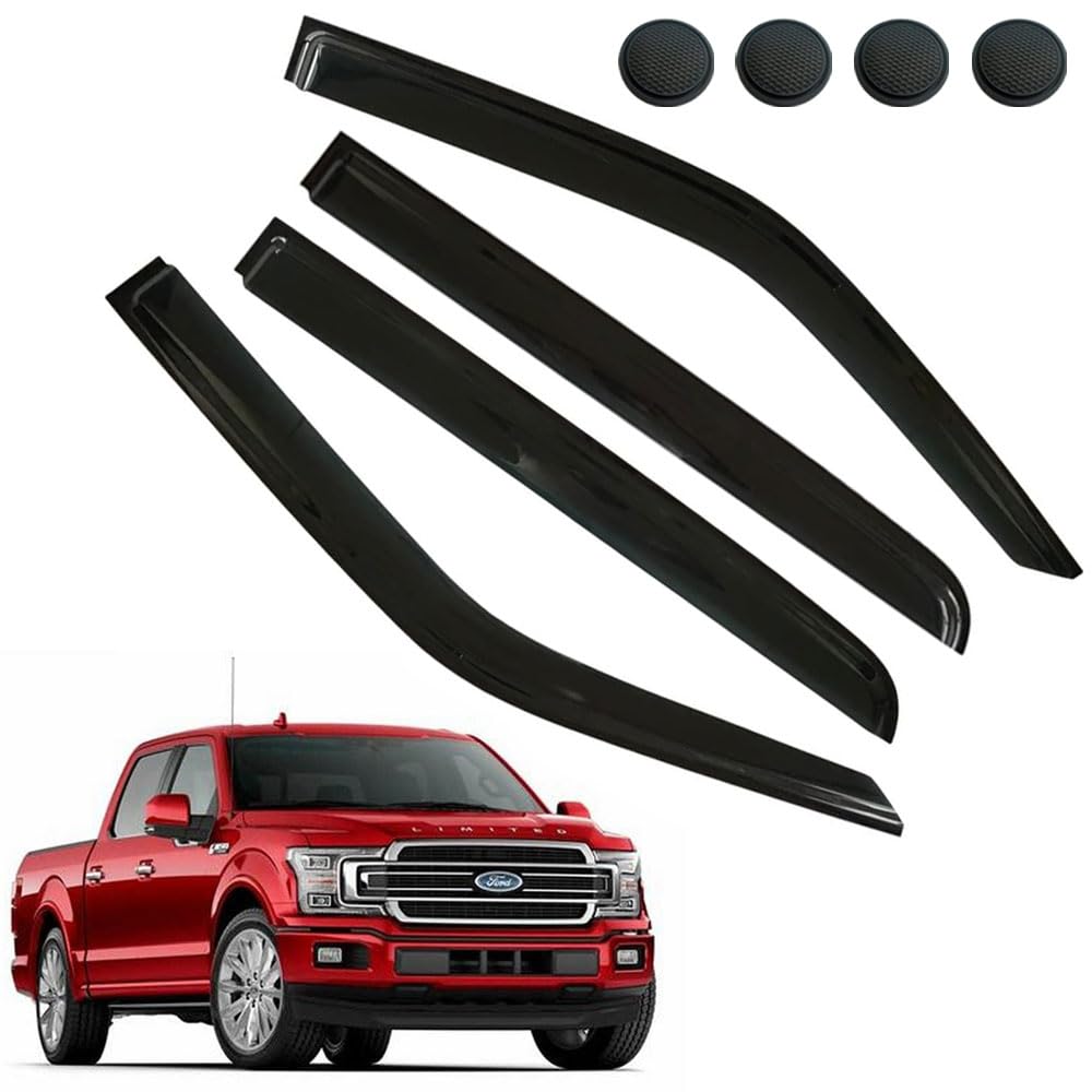 Rain Guards for Ford F150 SuperCrew 2015-2021 (Crew cab) XL XLT Lariat King Ranch, Tape-on Side Window Deflectors, Window Visors