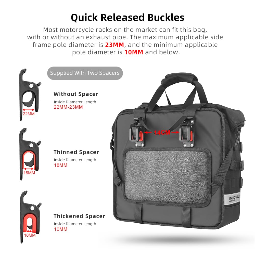 Rhinowalk Motorcycle Saddlebag Waterproof Luggage Bag Quick Release Motorcycle Side Bag 25L Fits Most Adventure and Sports Bike