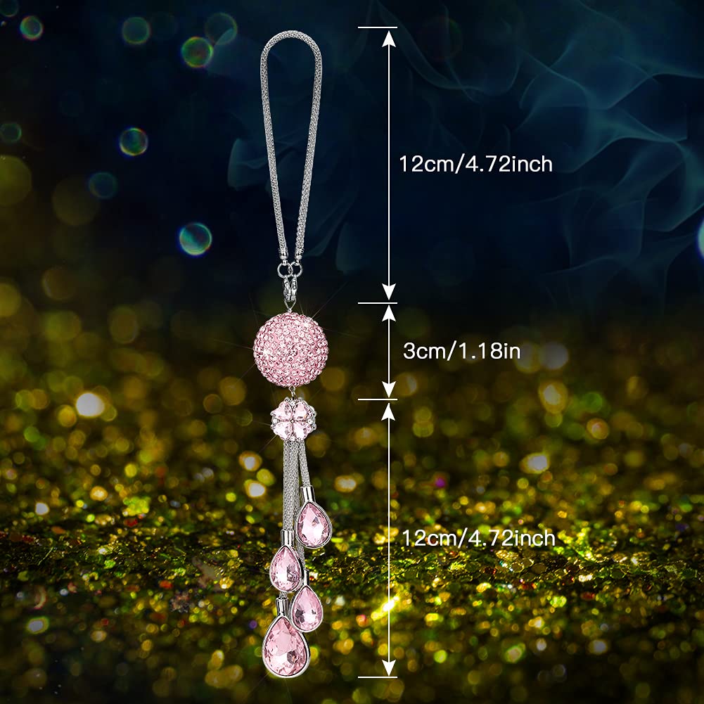 Otostar Bling Crystal Ball And Drops Car Hanging Accessories, Car Rear View Mirror Pendant Charms Interior Sun Catcher Ornament, Bling Car Accessories For Women Girls (Pink)
