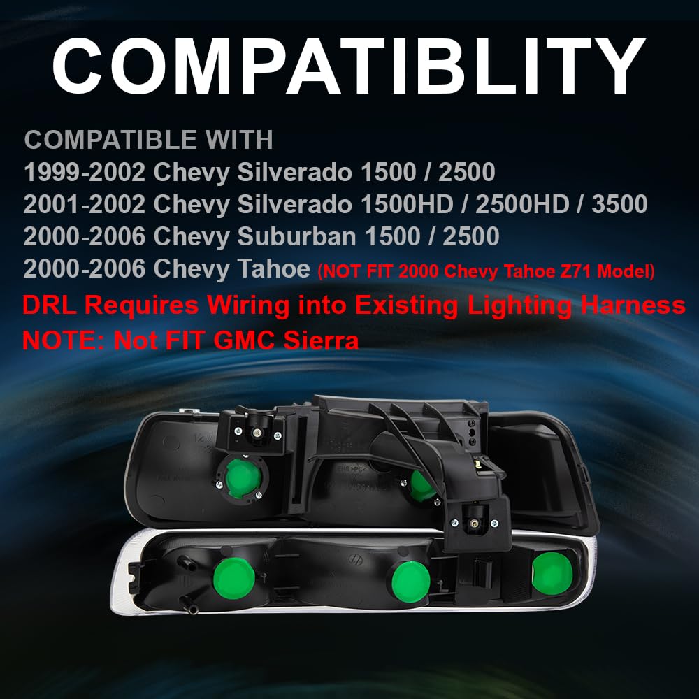 Pit66 Led Drl Headlight Assembly Compatible With Chevy Silverado 1500 2500 1999-2002/ Fit Silverado 1500Hd 2500Hd 3500 01-02/ Fi