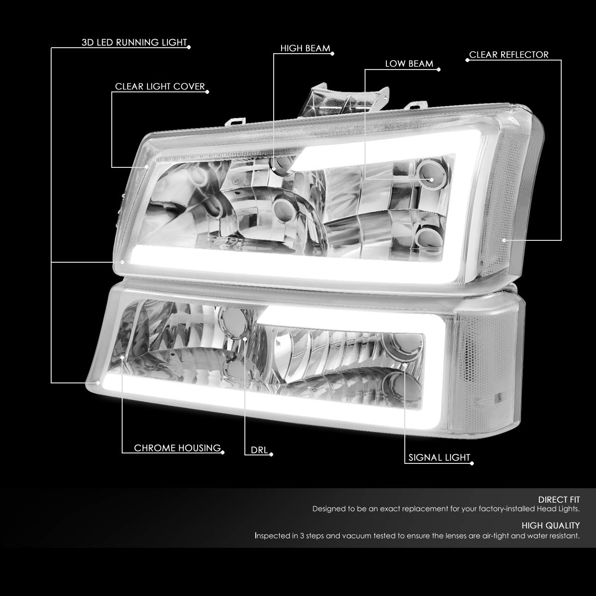 DNA MOTORING 3D LED DRL Headlight Bumper Lamp Set, Chrome, Model HL-LB-CSIL03-CH-CL1, Compatible with 03-06 Silverado/Avalanche