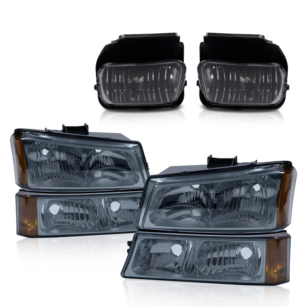 GRAND ORANGE Front Headlights + Fog Lights Compatible with Chevy Silverado 1500 2007-2013 GM2503280, 25883245 Smoke