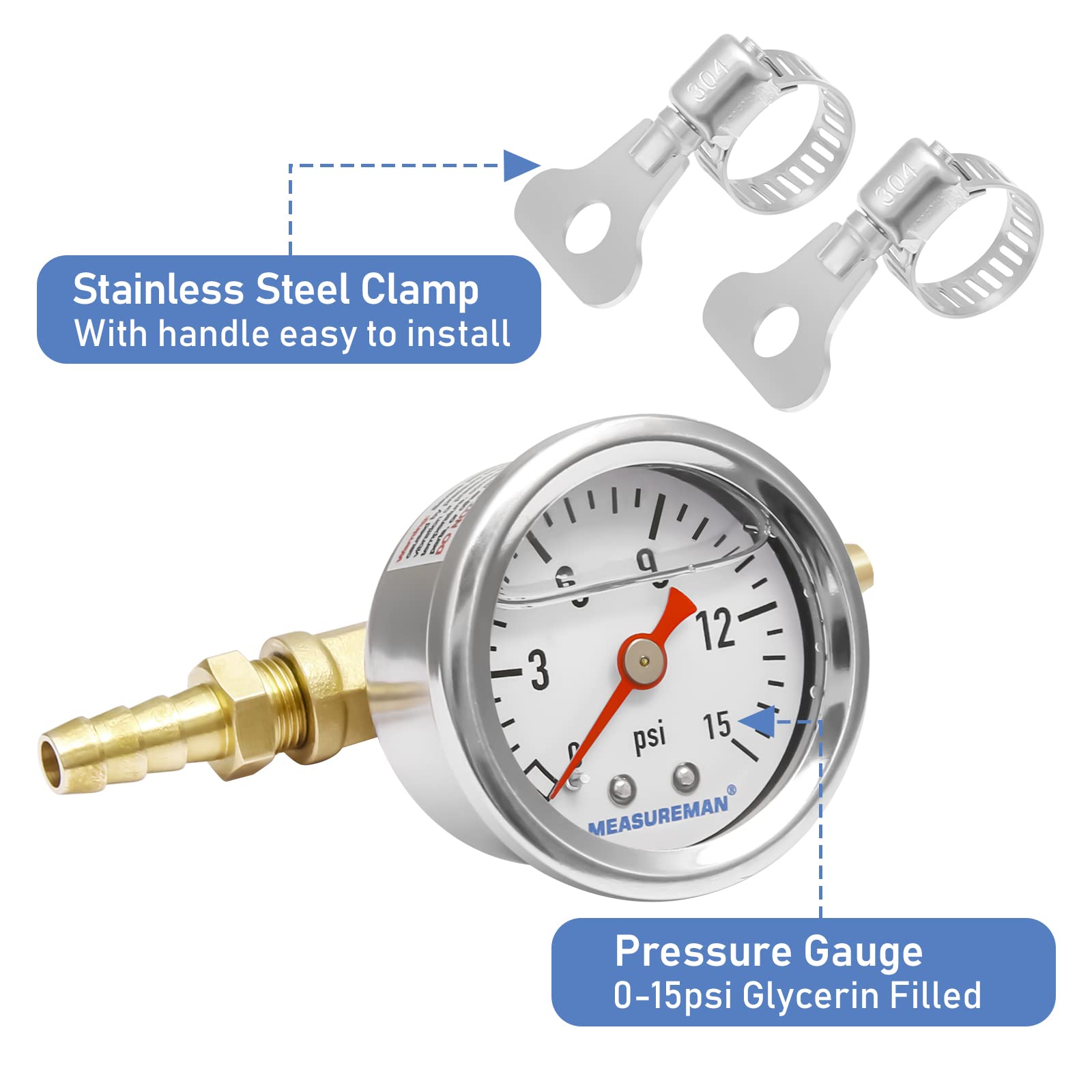 Measureman Fuel Pressure Gauge Kit 0-15Psi Stainless Steel Glycerin Filled, 1-1/2'' Dial Size, With 5/16'' Fuel Line Fuel Pressu