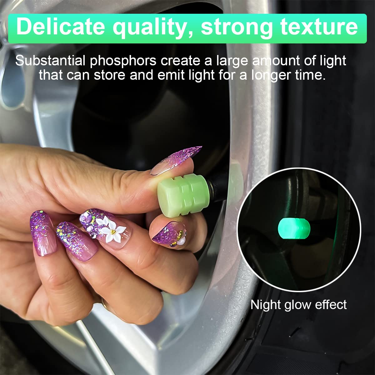 Luminous Tire Valve Stem Caps For Car, 12Pcs Fluorescent Glow In The Dark Air Caps Cover, Illuminated Corrosion Resistant Tire P