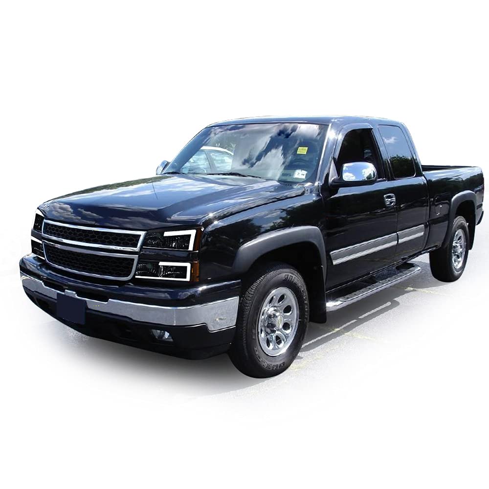 Pit66 Led Headlight, Compatible With 03-06 Chevy Silverado 1500 2500 3500 Hd Model/03-06 Avalanche 1500 2500(Fit No Cladding Only) Smoky Lens Chrome Housing Amber Corner