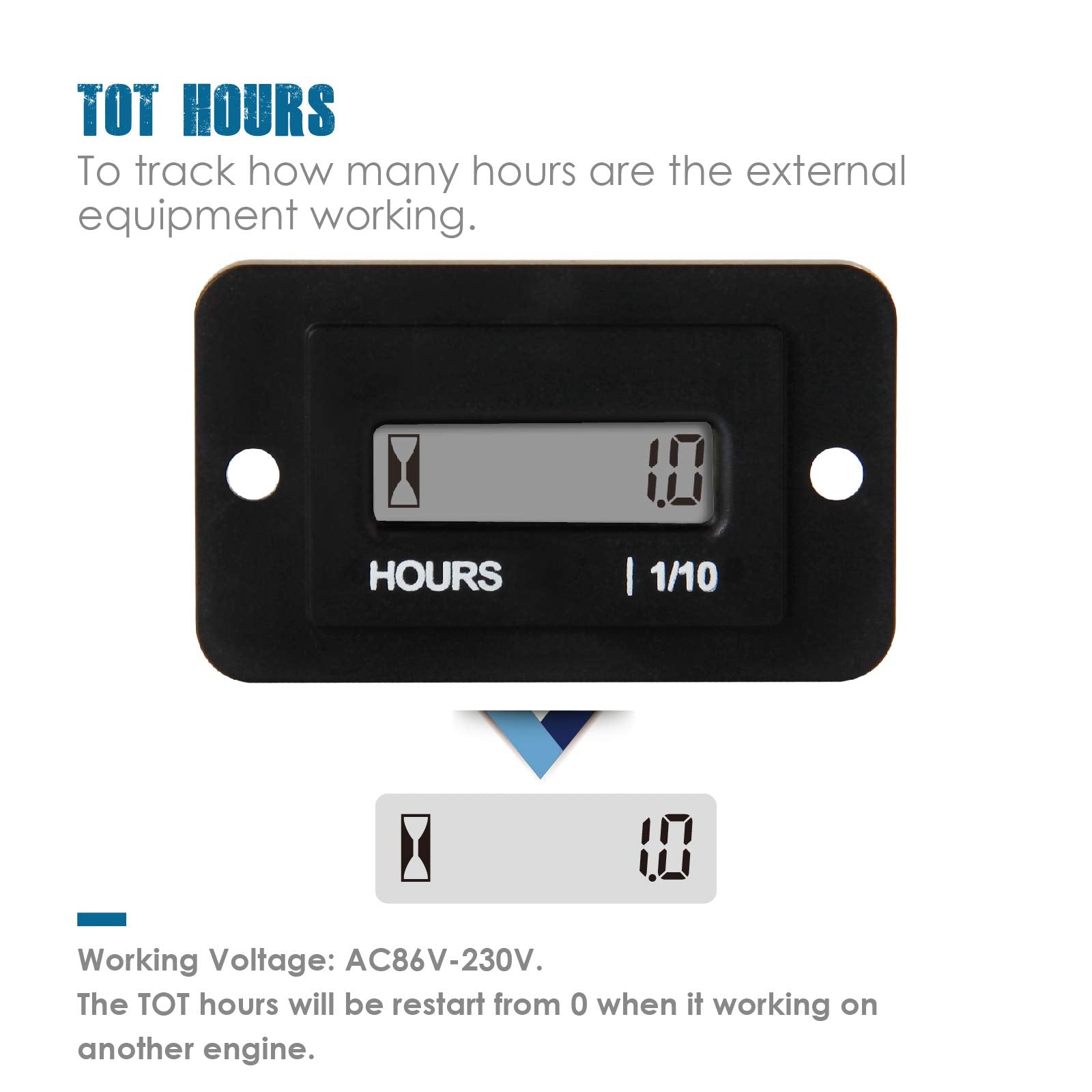 Runleader Digital LCD Hour Meter, AC 86V to 230V, Total Hours Resettable, Use for ZTR Lawn Mower Tractor Generator Golf cart Clu
