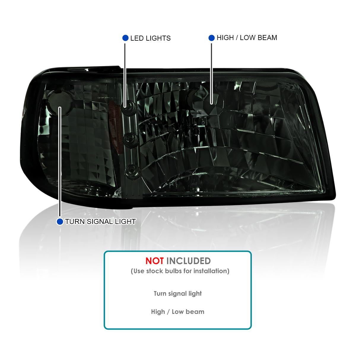 Spec-D Tuning Smoke Lens 1Pc Led Strip Headlights + Corner Lights Compatible With Ford Ranger 1993-1997 L+R Pair Head Light Lamp Assembly