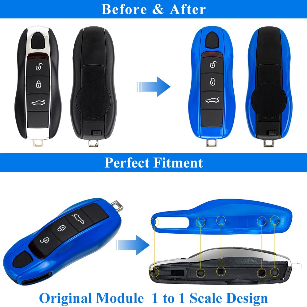 Aerobon 3-Piece Painted Key Cover Key Fob Shell Compatible With Porsche Key Shell Replacement (Mk1, Shark Blue)