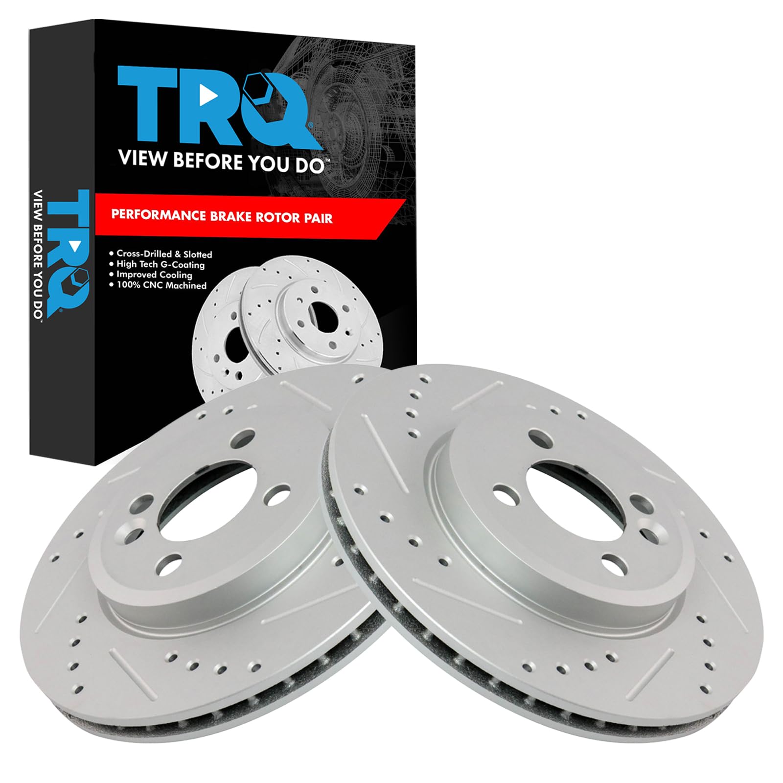 Trq Front Performance Brake Rotors Set Premium G-Coated Cross Drilled & Slotted Compatible With 2007-2015 Mini Cooper