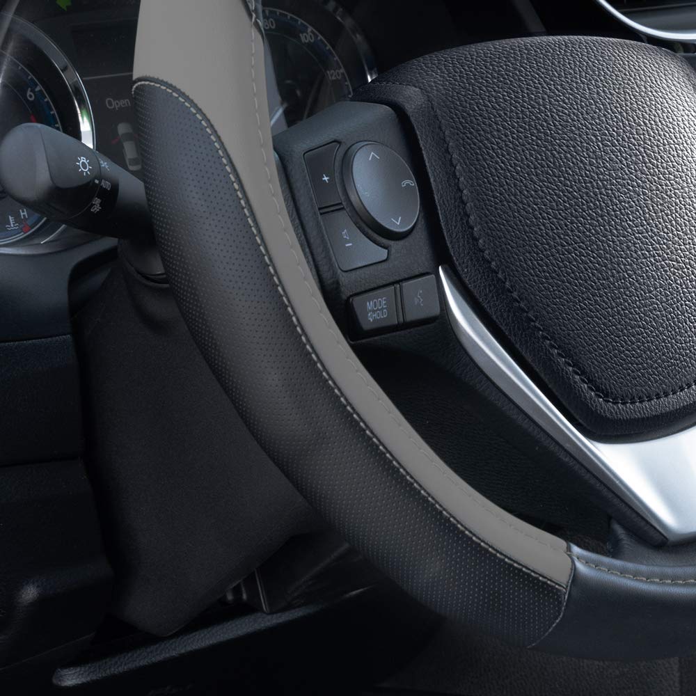 Motor Trend Sportdrive Faux Leather Steering Wheel Cover, Standard 15 Inch Size, Two-Tone Black & Light Gray, Car Steering Wheel