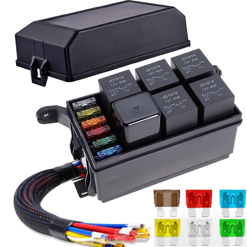 Gebildet 12V Fuse and Relay Box with 5pcs 5-Pin JD1914 40A Relay and 1pc 4-Pin Relay 6 ATC/ATO Blade Fuse, Universal Waterproof 