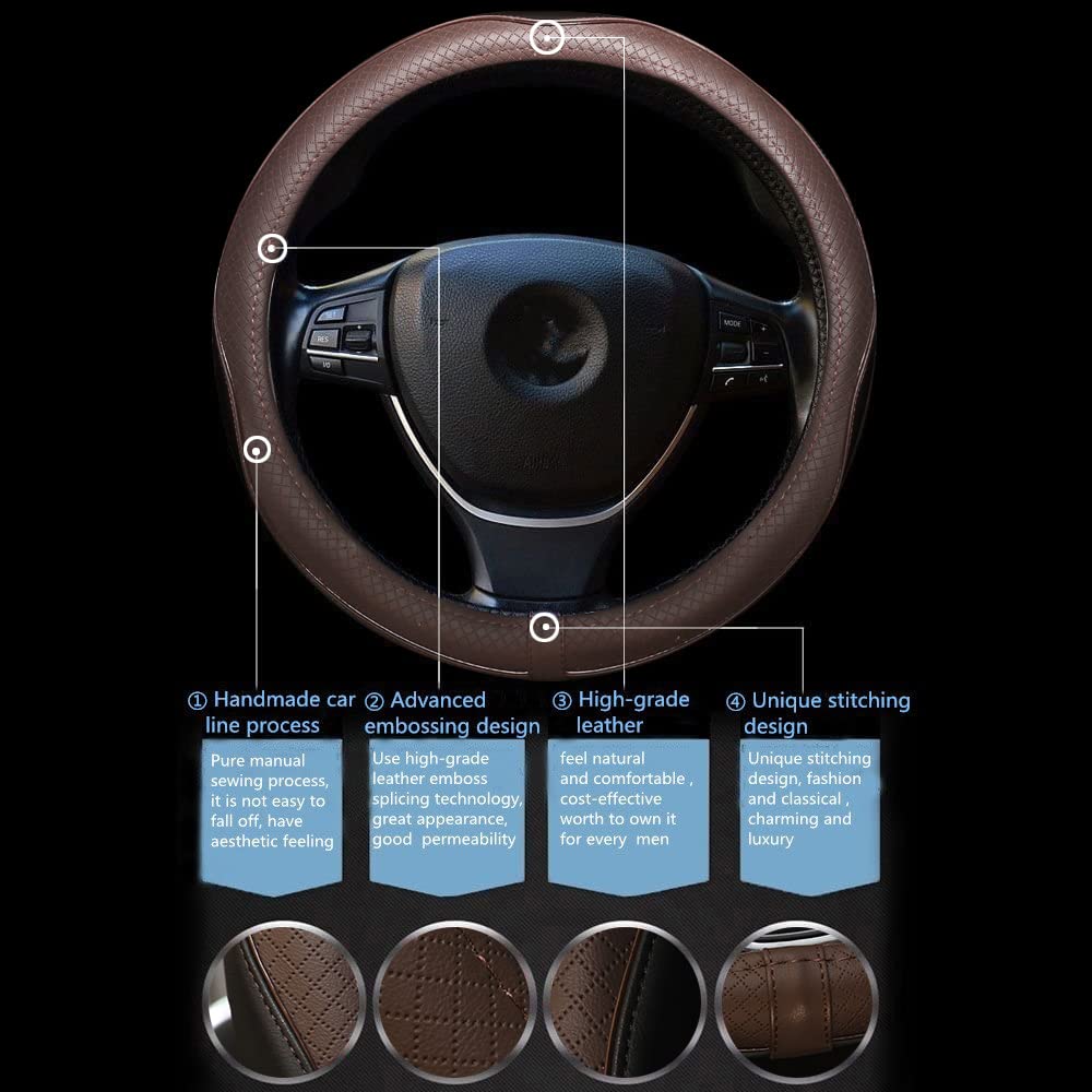 Car Steering Wheel Cover, Anti-Slip, Safety, Soft, Breathable, Heavy Duty, Thick, Full Surround, Sports Style (Black Brown)