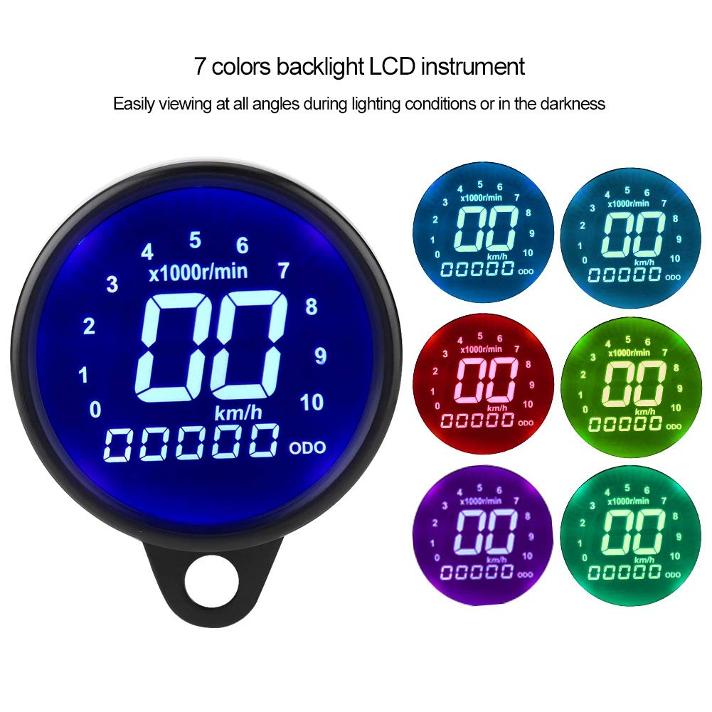 Acouto Motorcycle Speedometer 12V Universal Motorcycle Lcd Display Instrument Digital Speedometer Odometer Tachometer Meter Gauge Black Plating