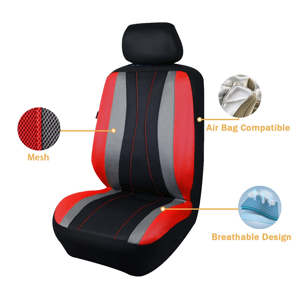 Flying Banner Car Seat Covers Full Set All Air Mesh Breathable Man Lady Airbag Compatible Rear Bench Split 40/60 50/50 60/40 Truck Pick Up (Full Set - Low Back, Black Gray Red)