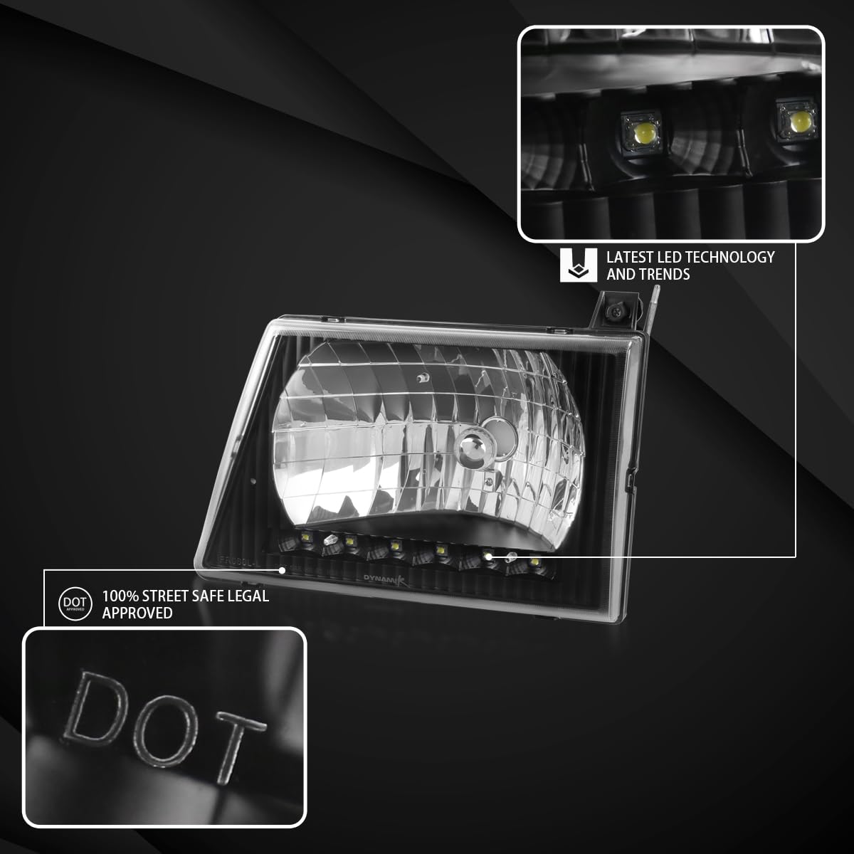 AUTOZENSATION Compatible with 1992-2006 Ford E150/E250/E350/E450/E550 Econoline van LED Black Headlights L + R Pair Headlamp