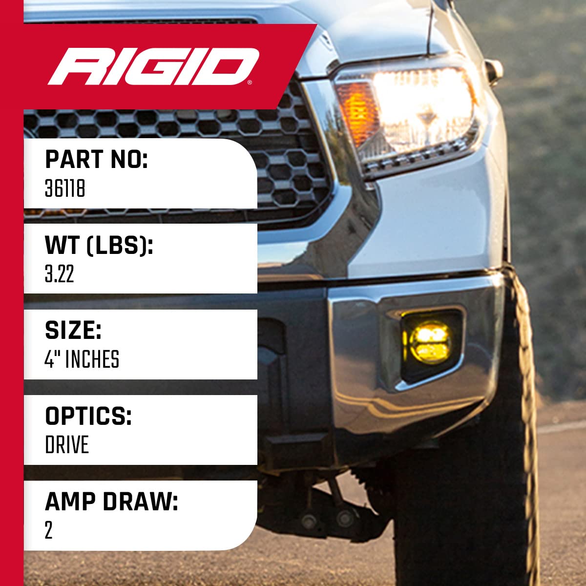 Rigid Industries 36118 360-Series Led Off-Road Light 4 In Drive Beam For Moderate Speed 20-50 Mph Plus Amber Backlight Pair