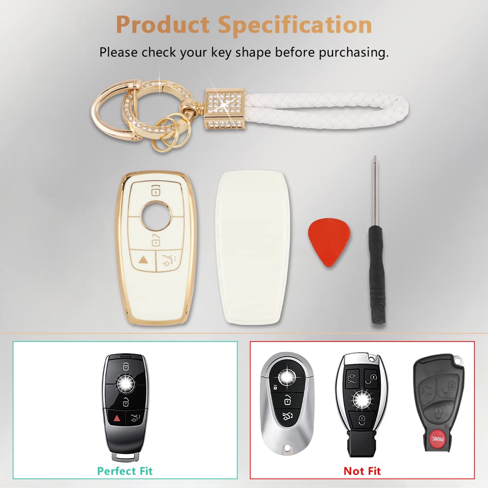Pifoog Key Fob Cover For Mercedes Tpu White Gold Bling Keychain Accessories Fit Benz Gla Gle Glb Gls Glc Cla Cls C300 Amg A E S