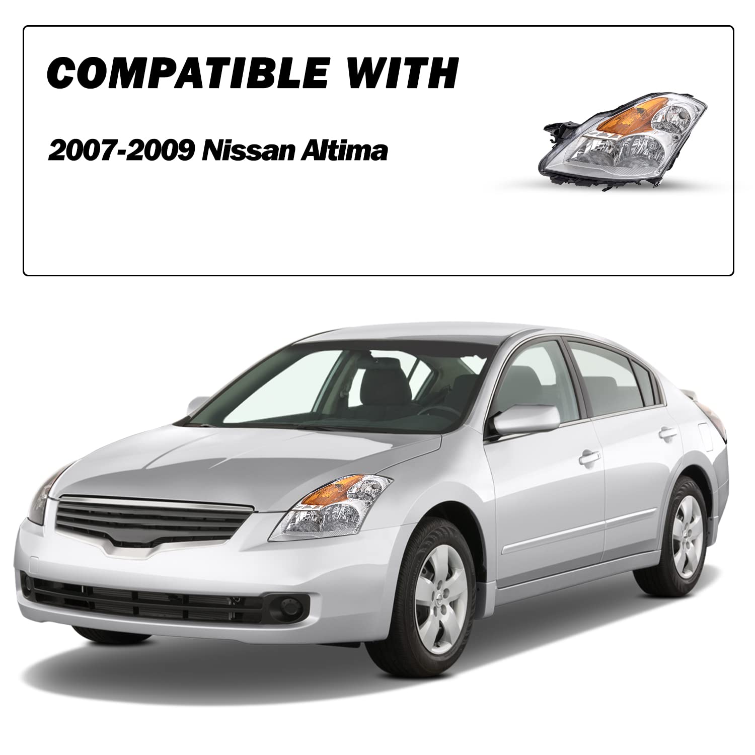 Sockir Headlight Assembly Fits For 2007 2008 2009 Nissan Altima 4-Door Sedan Headlamp Replacement Driver And Passenger Side Chrome Housing With Amber Reflector