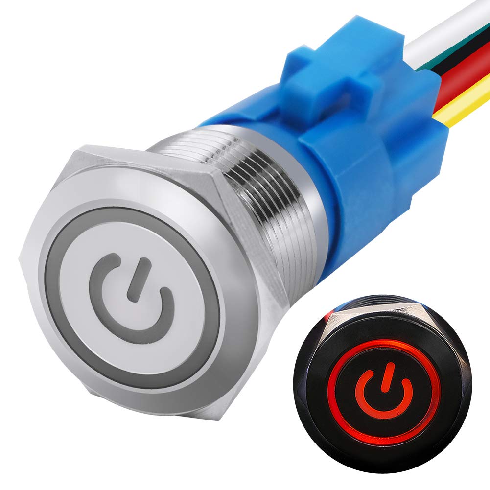 Mxuteuk 19Mm Latching Push Button Switch 1 No 1 Nc Spdt On/Off Silver Stainless Steel Shell With 12V Red Power Symbol Light With