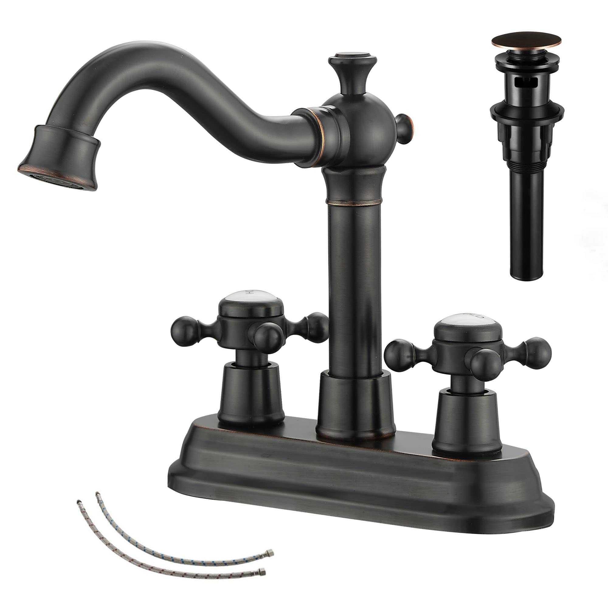 Ggstudy Bathroom Faucet Oil Rubbed Bronze 2 Handles 4 Inches Centerset Rv Vanity With Drain Assembly And Supply Hose