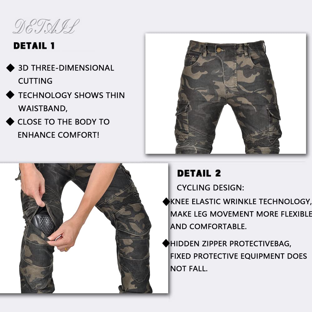 LOMENG Motorcycle Pants Riding Jeans Biker Motorbike Pants with CE Removable Armored for Men Camouflage EU34 34 Regular