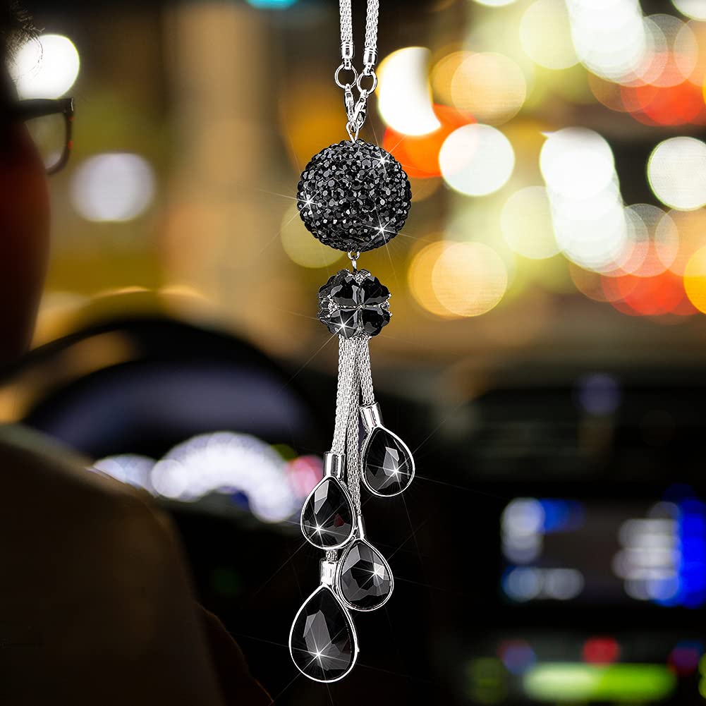 Otostar Bling Crystal Ball And Drops Car Hanging Accessories, Car Rear View Mirror Pendant Charms Interior Sun Catcher Ornament, Bling Car Accessories For Women Girls (Black)