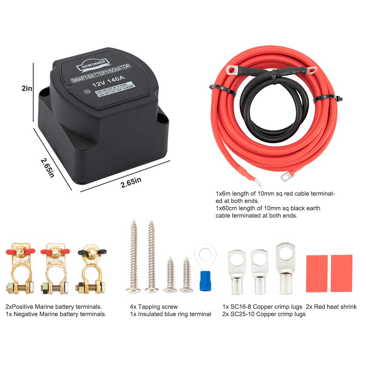 Dewinner 12V 140 Amp Dual Battery Smart Isolator & Atv Utv Wiring Cable Kit - Voltage Sensitive Relay - Vsr, Dual Battery Charge