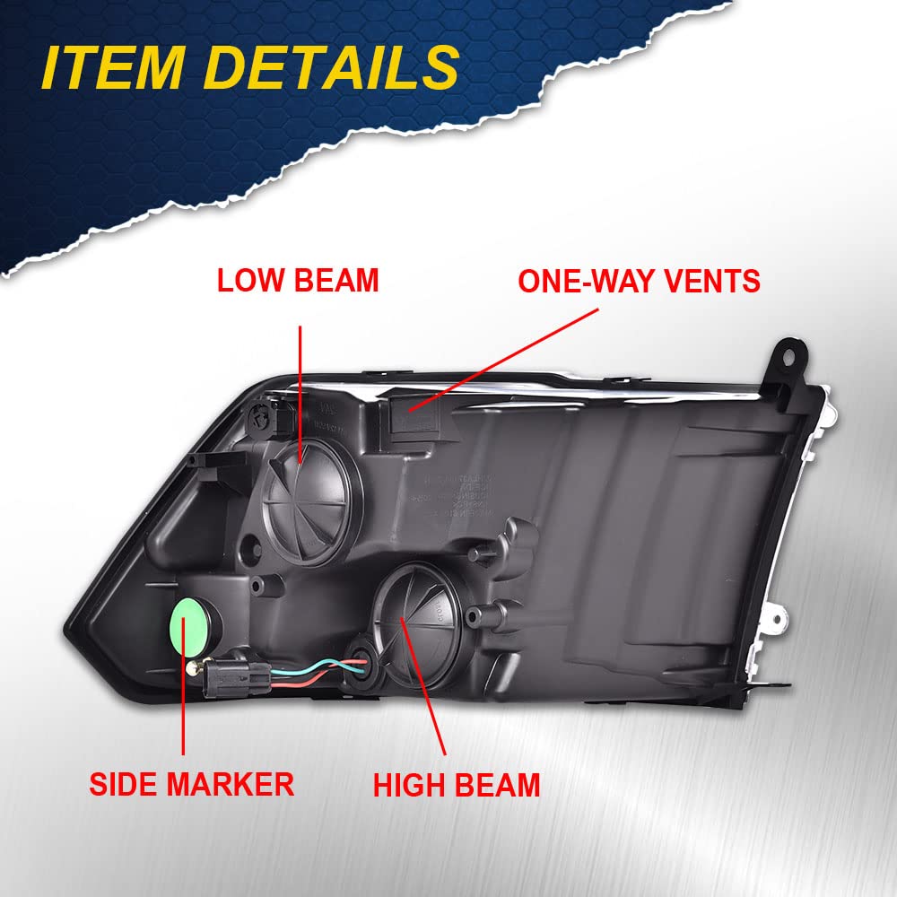 Cheda Headlights Assembly Compatible With 2009-2012 Dodge Ram 1500 2500 3500 Headlamp(Clear Lens Black Housing Amber Reflector)O