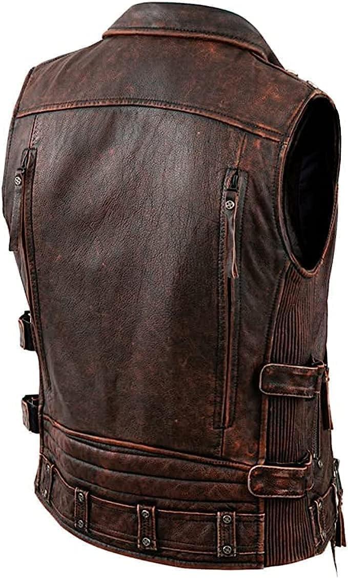 Cheemaz Men’S Vintage Negan Cowhide Brown Biker Riding Sleeveless Motorcycle Leather Vest (As1, Alpha, X_L, Regular, Regular, Brown)