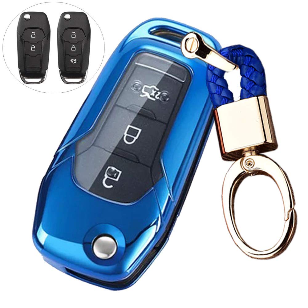 Royalfox(Tm 2 3 Buttons Soft Tpu Flip Remote Key Fob Case Cover For 2015 2016 2017 2018 2019 Ford F150 F250,Focus 3 Escort Kuga Everest Fiesta Mustang Edge Mkv Fusion 2016 Ranger (Blue)