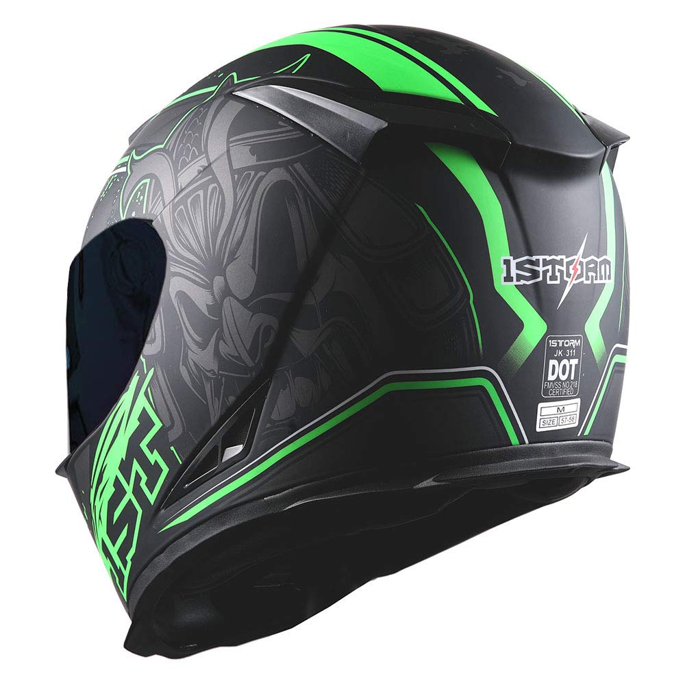 1Storm Motorcycle Full Face Helmet Skull King Matt Green+ One Extra Clear Shield, Size Large (57-58 Cm,22.4/22.8 Inch)