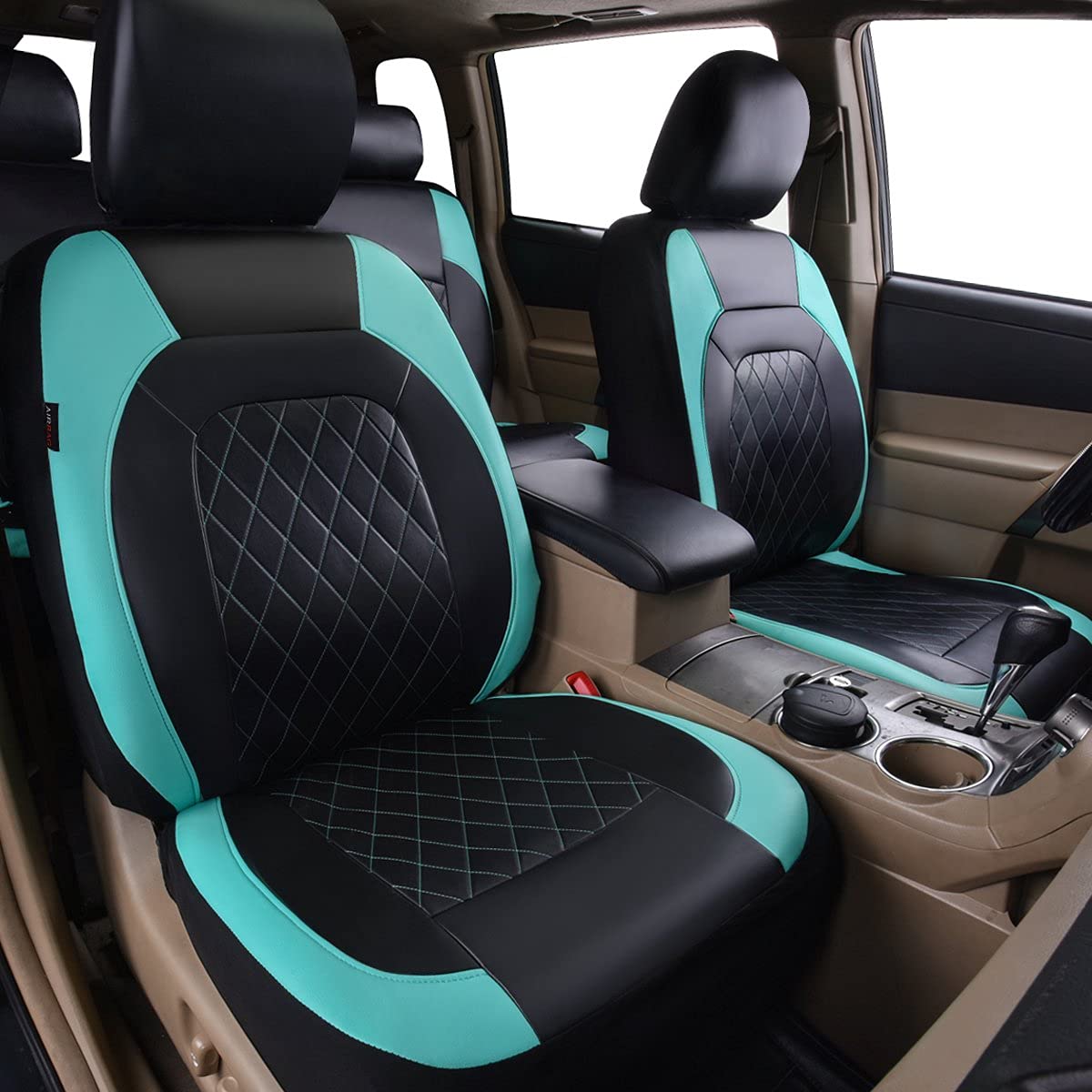 Horse Kingdom Universal Faux Leather Car Seat Covers Full Set, Airbag Compatible, Breathable, Fit For Cars, Trucks, Suv (Black And Mint)