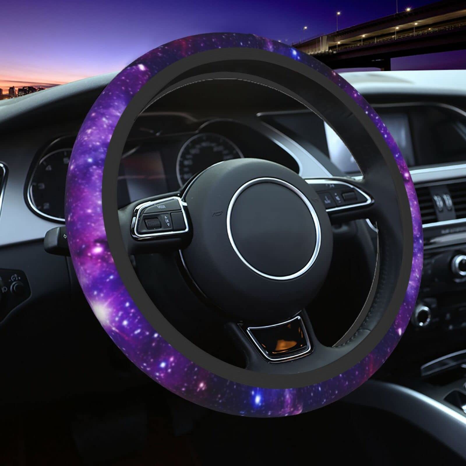 Galaxy Purple Steering Wheel Cover For Women Men, Universal 15 Inches Neoprene Anti-Slip Cute Space Car Steering Wheel Grip Wrap