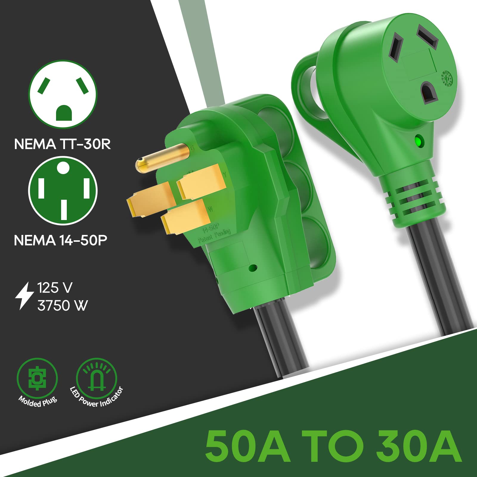 Rvguard 50 Amp To 30 Amp Rv Adapter Cord 12 Inch, Nema 14-50P To Nema Tt-30R, Dogbone Electrical Converter With Led Power Indica