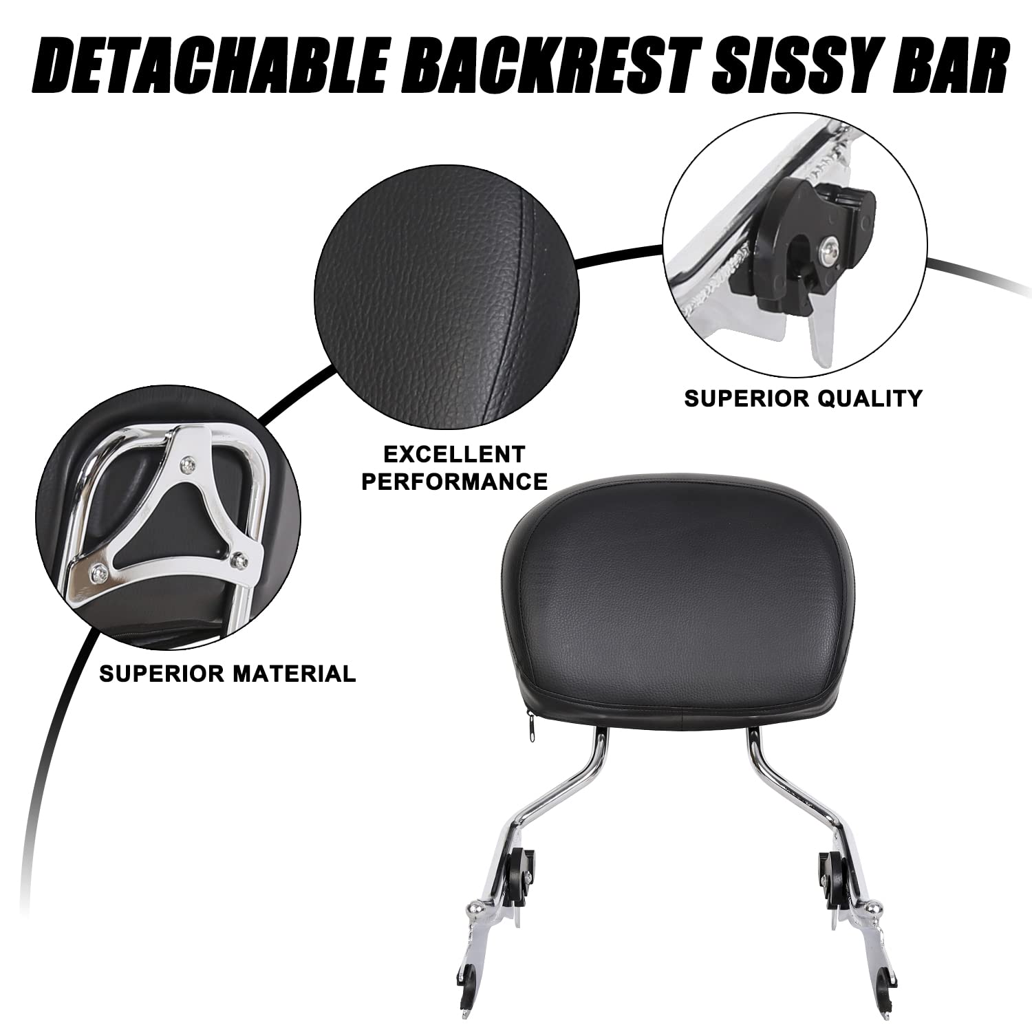 Kuafu Detachable Passenger Backrest Sissy Bar With Pad Compatible With 2009-2024 Harley Touring Road King Electra Glide Cvo Street Glide Road Glide Ultra Limited Chrome