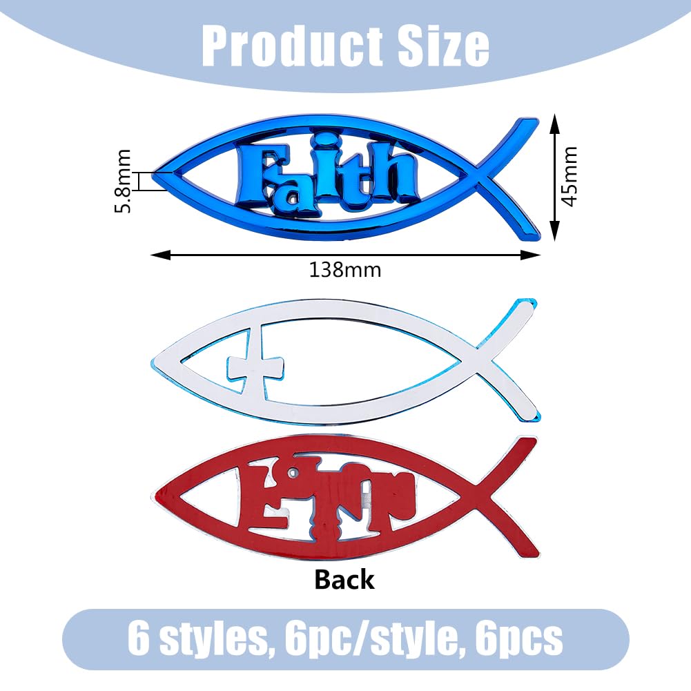 SUPERFINDINGS 6Pcs 6 Styles Blue Jesus Fish Decal Sticker Acrylic Cross Fish Auto Emblem Waterproof Love Peace Car Stickers Self