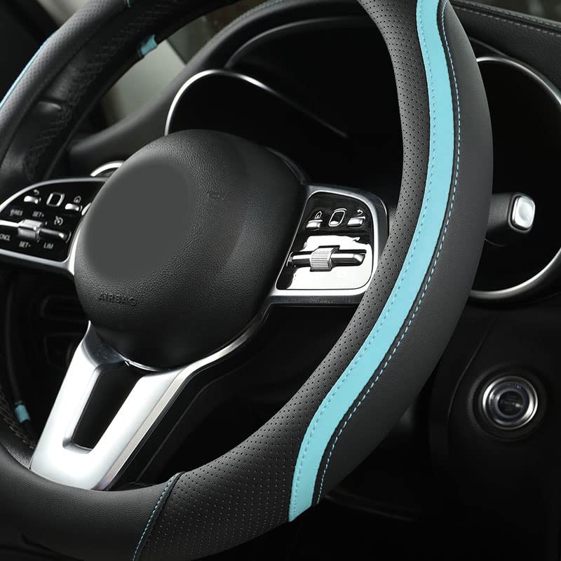 Car Steering Wheel Cover, Leather Steering Wheel Cover Blue Universal 14.5-15 Inch Microfiber Leather Anti-Slip Breathable Auto