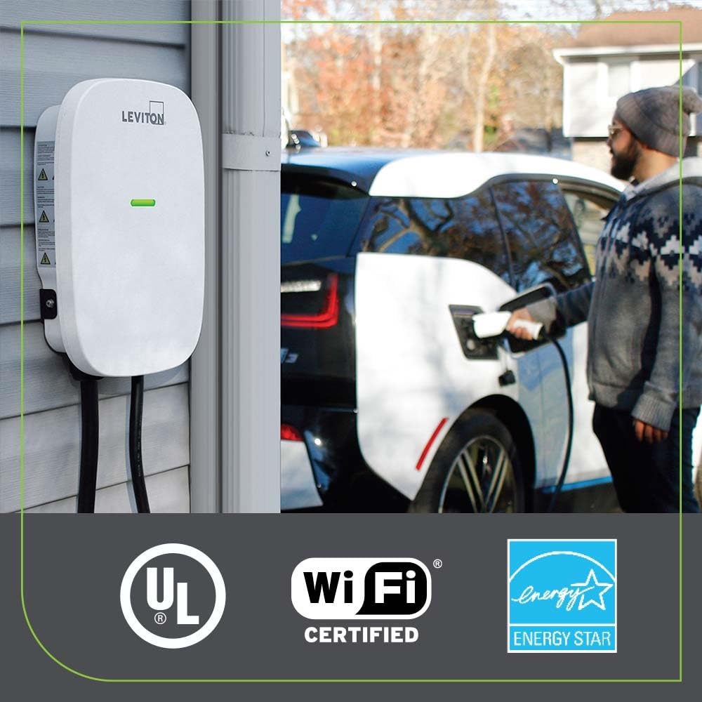 Leviton Level 2 Smart EV Charger with Wi-Fi, 32 Amp, 208/240 VAC, 7.6 kW Output, 18' Cable, Indoor/Outdoor Hardwired EV Charging