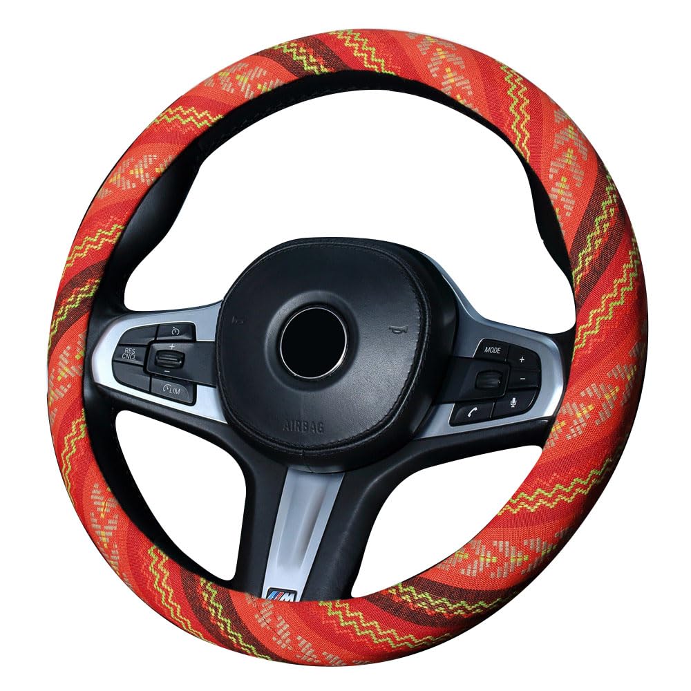 Istn Ethnic Style Coarse Flax Cloth Automotive Steering Wheel Cover Anti Slip And Sweat Absorption Auto Car Wrap Cover (J, 14.5'