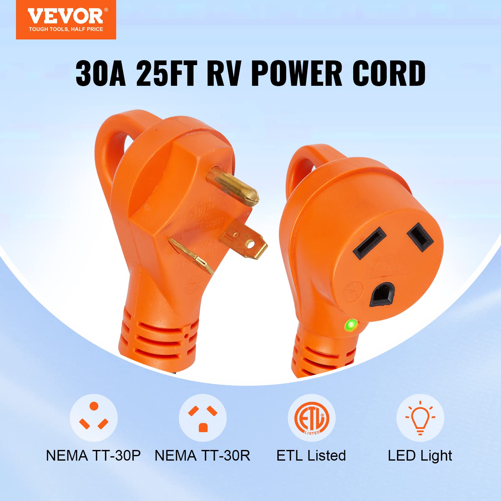 VEVOR 30 Amp RV Extension Cord, 25 ft, Heavy Duty STW 10/3 AWG RV Power Cord, NEMA TT-30R Female NEMA TT-30P Male Plug, for RVs,