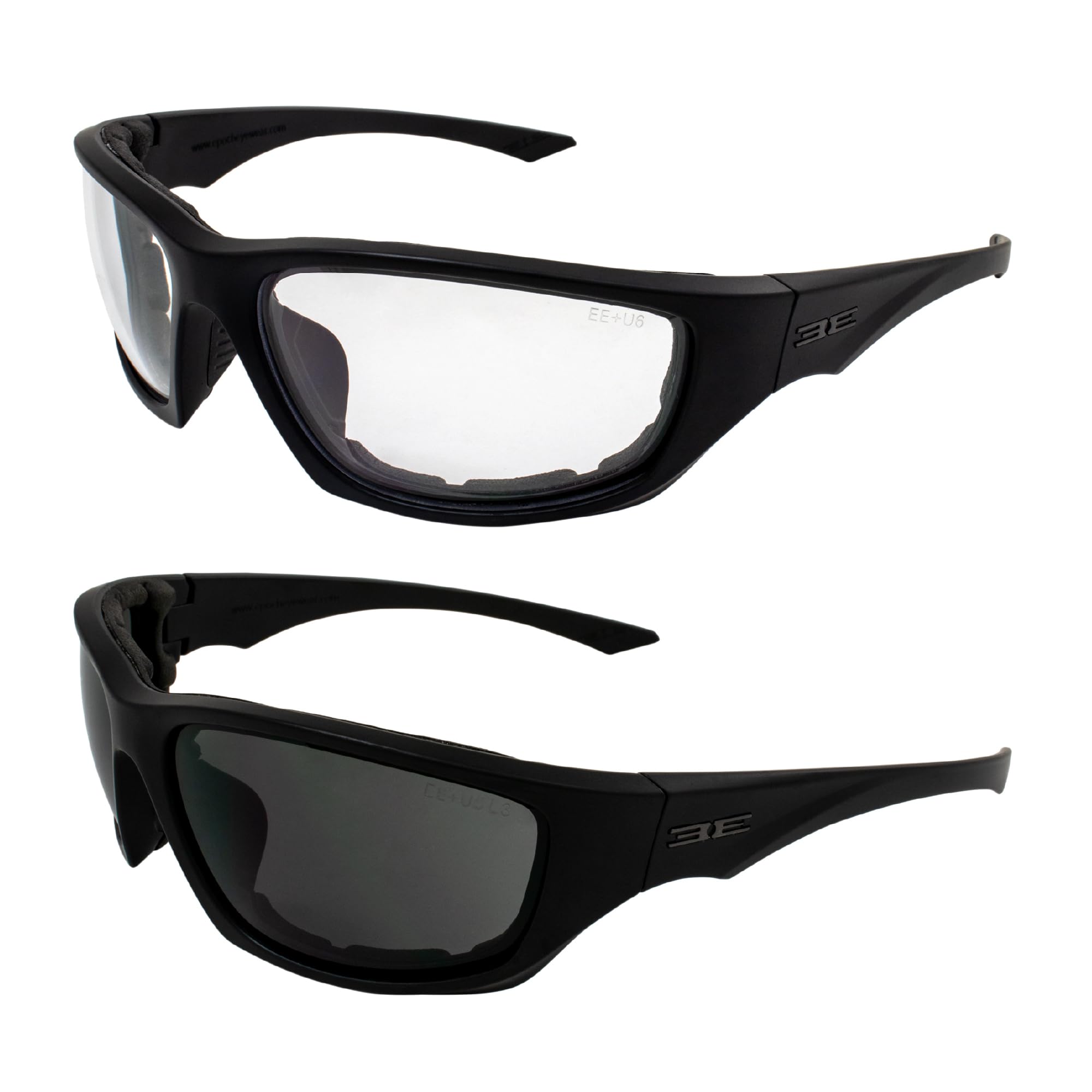 Epoch Eyewear Foam-3 Padded Motorcycle Sunglasses 2 Pair Black Frames With Smoke Lens & Clear Lenses