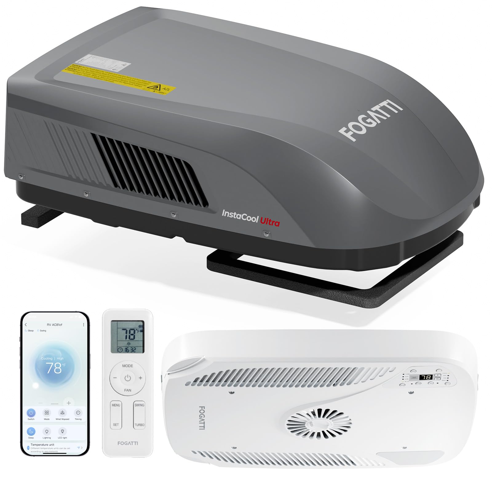 FOGATTI RV Air Conditioner 16,000 BTU - Ultra-Quiet Low Profile Rooftop AC with Heat Pump, WiFi & Remote, 43dB Noise, Auto-Air-S